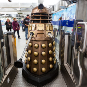 Dalek entering the Underground via wide aisle gates:<br />ACCESS GRANTED! Balance remaining: UNLIMITED<br />The Daleks are coming!