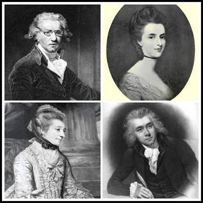 Four people who appear in A Perfect Match: Top left: Painter, Sir Joshua Reynolds Top right: Whig hostess, Elizabeth Lamb, Viscountess Melbourne Bottom left: Bluestocking hostess, Elizabeth Montagu Bottom right: Abolitionist MP, William Wilberforce (1)