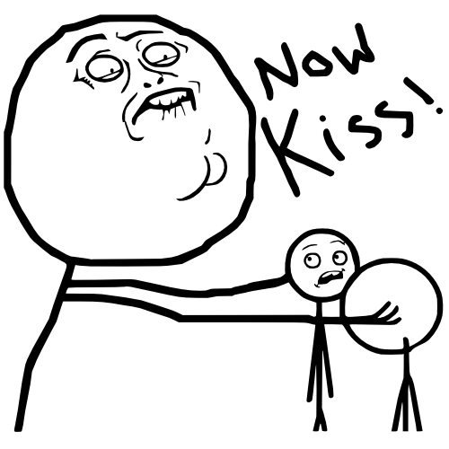 Stick figure person with creepy expression making two dolls with distressed faces kiss