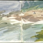Painters on the foggy beach, seen from the pier