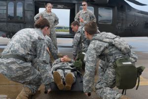 Guardsmen conduct casualty evacuation training with a UH-60 Black Hawk helicopter on Warfield Air National Guard Base in Middle River, Md., July 29, 2015.