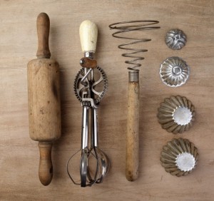 antique rolling pin. egg beater. potato masher. cookie cutters. shutterstock_115368571 CROPPED SMALLER