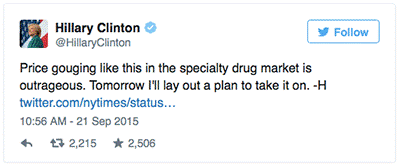 Hillary Clinton Drug Market Tweet September 21