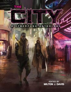 Cover art for the collaborative cyberfunk anthology, The City, which features Jeff's story, Dreamer's ReCall.
