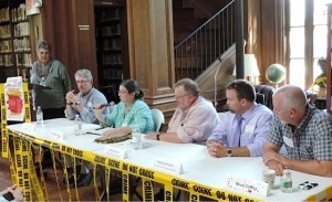 Can I talk? You betcha. I won't give up the mike at the Jesup Library's Murder by the Book, The Real World vs. The Page panel: Maine Superior Court Justice William Stokes, journalists Maureen Milliken and Earl Brechlin, Hancock County District Attorney Matthew Foster and retired Portland Det. Sgt. Bruce Coffin