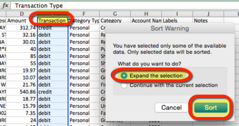 This'll alphabetize, and thus separate, debits from credits 