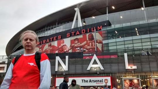 Gavin E Parker, looking comfortable and relaxed in a retro Arsenal top at the Emirates Stadium
