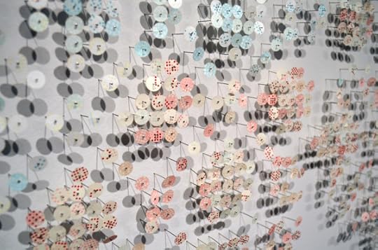 © 2015, Denise Bookwalter, Catching Floats in Fair Isle Knitting, screen print on laser cut paper with pins, approx 2 ½ feet x 12 feet x 1 inch