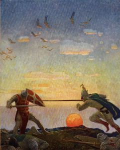 This N.C. Wyeth illustration also served as inspiration for my story, and was originally featured in Sidney Lanier's classic book, The Boy's King Arthur. N. C. Wyeth is also well-known for his art featuring King Arthur, and was actually a student of Howard Pyle.