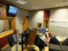 Pauline Rowson on air at BBC Radio Solent Julian Clegg Breakfast Show Oct. 15
