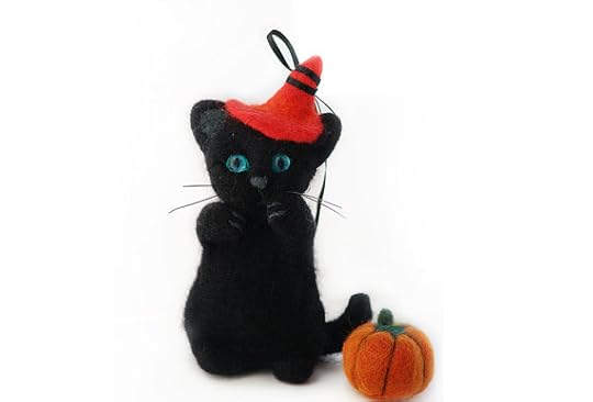 Halloween Needle Felted Black Kitten With Pumpkin