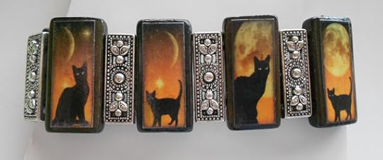Handcrafted Black Cat Halloween Altered Art Bamboo Tile Collage Bracelet