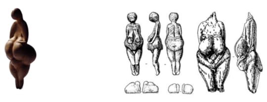Figure 3. Examples of Venus figurines produced over millennia by the early human Gravettian culture. On the left is an example from Southern France. On the right are sketches of figurines found at the Kostenki site on the Don River in the east.