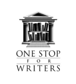 The logo of One Stop for Writers, a bookshelf inset into a Greek temple with columns and a triangular roof.