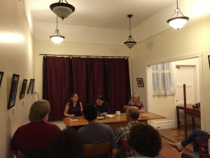 Laura Anne Gilman, Terry Bisson, and Loren Rhoads at SFinSF at the Borderlands Cafe.