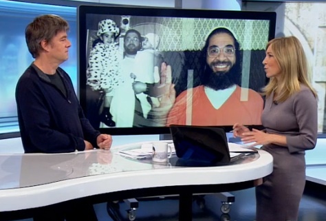 A screenshot of Andy Worthington appearing with Joanna Gosling on the Victoria Derbyshire show on BBC2 on October 13, 2015, discussing Shaker Aamer and the Fast For Shaker launching on October 15.