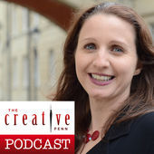 Picture of Joanna's head, her hair blowing in the wind and her logo which is the word creative with a pen for the 'I'