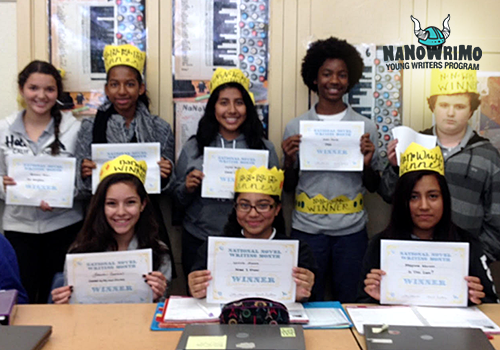 Students posing with their NaNoWriMo winner certificates!