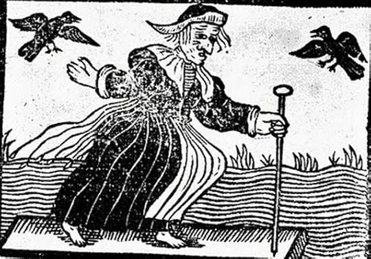 Woodcut of a British witch ca. 1643. Any woman with herbal knowledge or healing skills could be accused of witchery. The real ones likely went unnoticed, practicing their craft in secret.