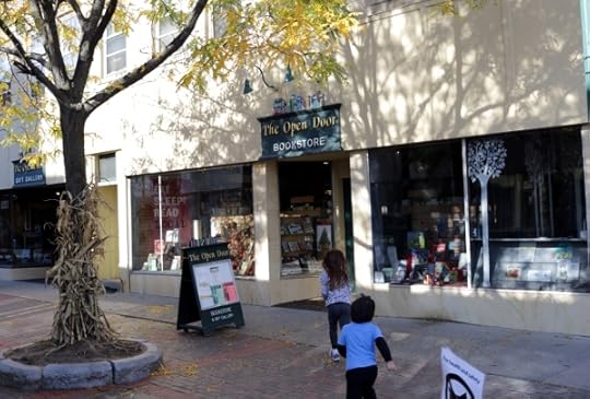 SteelyKid and The Pip running into our local independent bookstore.