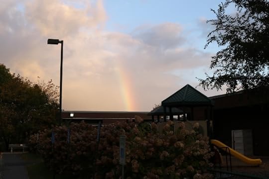 Rainbow over the entrance to the JCC this morning.