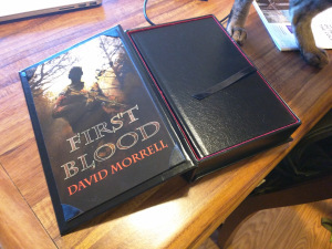Inside the traycase. The book is leather bound with gold foil.