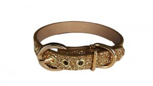 This classic leather dog collar updated with sumptuous gold glitter, from www.chacharocks.co.uk. Available in all sizes. 