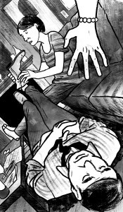 Jodi and Mary help Kenneth get comfortable after a long day at work.