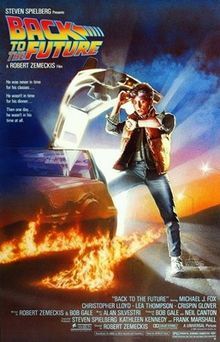 The poster shows a teenaged boy coming out from a nearly invisible DeLorean with lines of fire trailing behind. The boy looks astonishingly at his wristwatch. The title of the film and the tagline 