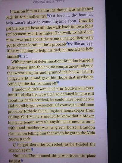 A Kindle with a page of Coming Home Texas, with over 90% of the page highlighted