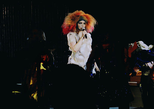 Björk performing at Cirque en Chantier. Photo by Rlef89. CC BY-SA 2.0 via Wikimedia Commons