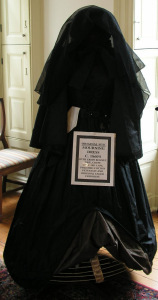 1860'S CIVIL WAR MOURNING DRESS, VEIL, BONNET & ORIGINAL HOOP