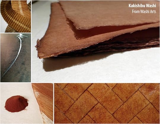 Images from left to right Kakishibu pleated and pattern dyed washi / Kakishibu dyed Oguni Shikishi handmade Japanese kozo washi paper 7.5” x 7.5” / Antique Japanese stencil of kakishibu treated washi which has been oiled, smoked and aged / kakishibu powder and a stroke of kakishibu dye / kakishibu treated washi · woven (image from Kakishibuii) 