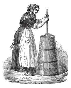 Old engraved illustration of a woman churning butter.