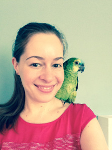 Liz with bird on shoulder