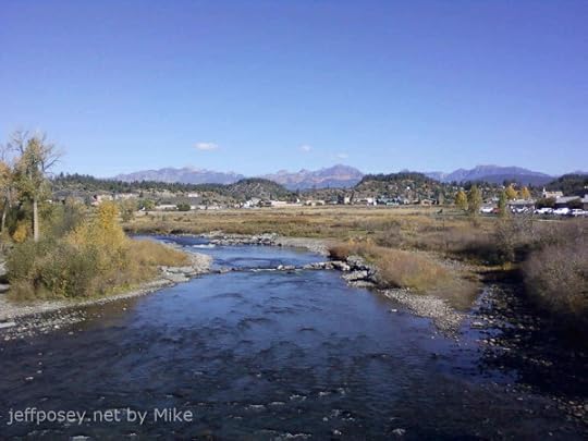 Looking north on the San Juan River in Pagosa Springs, Colorado, toward Pagosa Peak (highest on the left) and the Weminuche Wilderness.