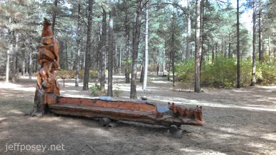 This carved bench, by artist Chad Haspels, on Reservoir Hill at Pagosa Springs, Colorado