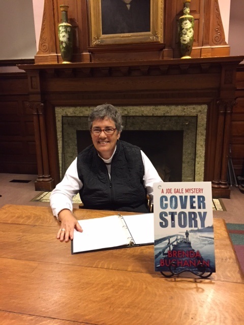 Brenda in the historic Gathering Room at Walker Memorial Library in Westbrook