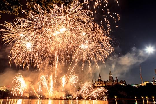 Photograph Fireworks with parliament building and full moon by Denis Murphy on 500px
