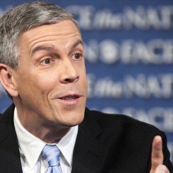 In this Sunday, Feb. 24, 2013, photo provided by CBS News, Secretary of Education Arne Duncan speaks on CBS's " Face the Nation" in Washington. Duncan spoke about the instability created by across-the-board, sequestration, cuts and their impact on education budget (AP Photo/CBS News, Chris Usher)