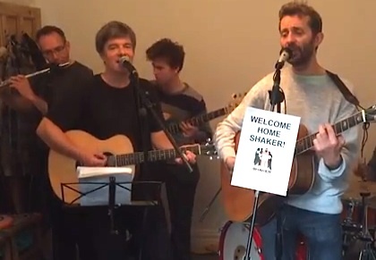 Andy Worthington's band The Four Fathers play an updated version of 'Song for Shaker Aamer' in a screenshot from a video recorded on October 31, 2015, the day after Shaker's release from Guantanamo.