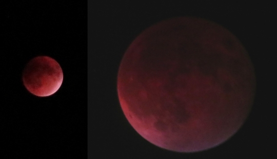 The moon during the recent eclipse as seen by a camera (left) and through a telescope (right). [click for a larger image]