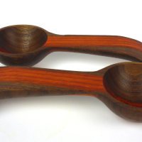 Grady Hillhouse used two pieces of walnut, a piece of paduak, and a lathe to turn out an awesome pair of spoons/scoops.