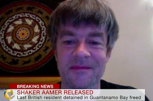 A screenshot of Andy Worthington speaking by Skype to Joanna Gosling on the Victoria Derbyshire Show on BBC2 on October 30, 2015, the day Shaker Aamer was finally released from Guantanamo.