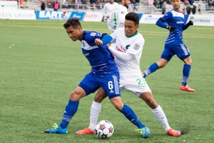 FCE's Dustin Corea in action against the New York Cosmos. PHOTO: TONY LEWIS/FC EDMONTON