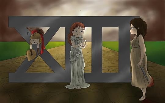 A picture of a big roman number XIII, in front of an ominous sky, in the middle of a road through a field. In the crotch of the X, I, dressed as a centurion, naturally, am slumped over, sleeping. Bronwyn Green, dressed in a stola, is looking nervously at a harp, and Jess is depicted as the woman with a bloody knife from the DVD cover of season 2.