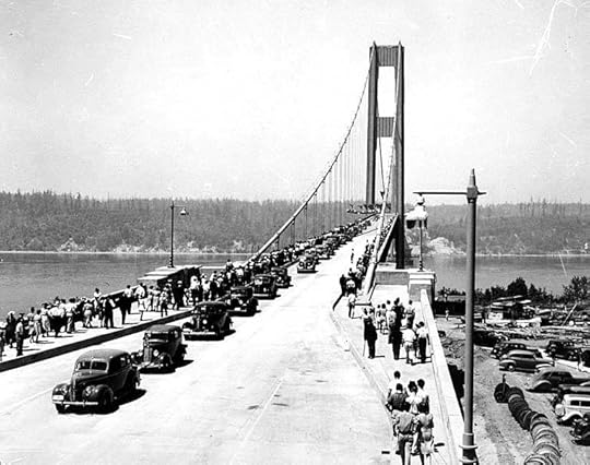 Tacoma Narrows Bridge on opening day, 1 July 1940 (public domain, University of Washington Libraries Digital Collections)