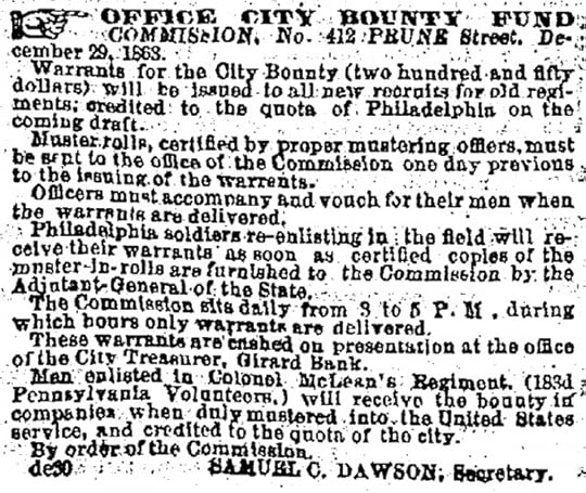 Advertisement in the Illustrated New Age of 14th January 1864, carrying details of the bounty for men of the 183rd Pennsylvania (GenealogyBank)