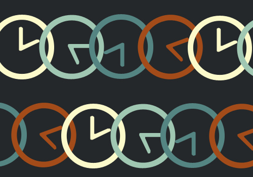 Multicolored rows of illustrated clocks