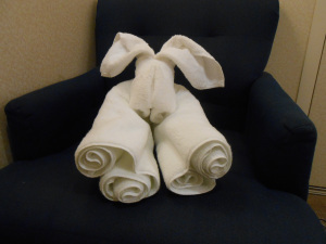 A rabbit made out of folded towels.